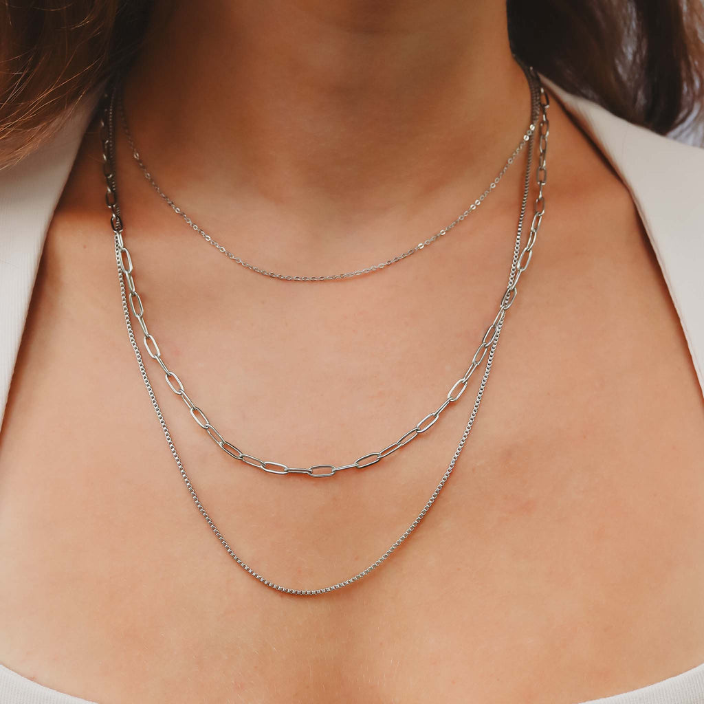 18K Gold PVD Stainless Steel Loop, Box, and Paperclip Layered Chain Necklace: Stainless