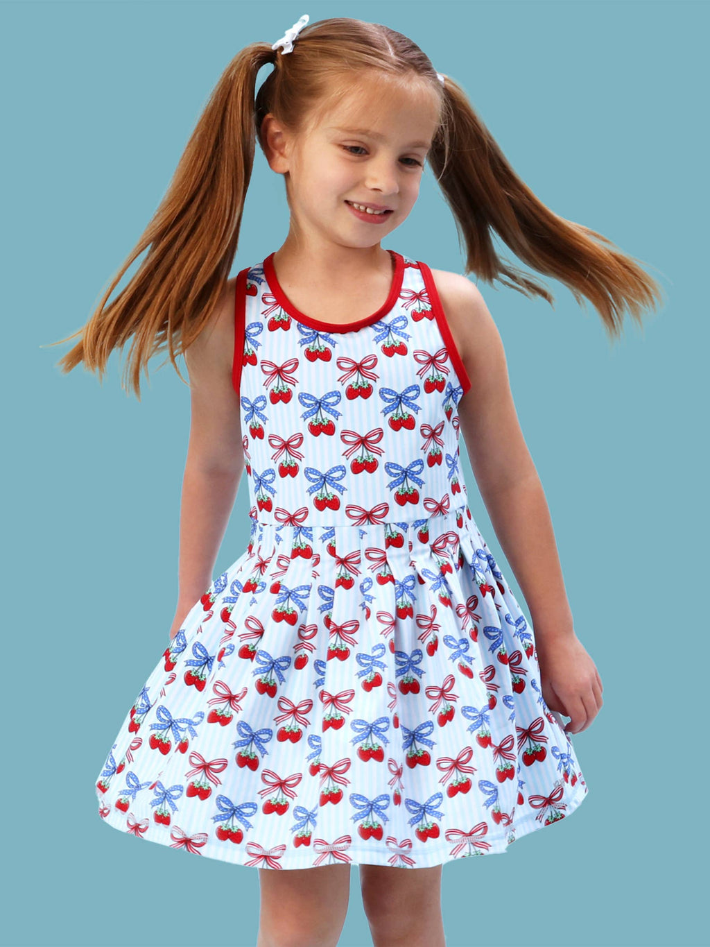 Girls Berries & Bows Pleated Skirt Active Dress & Bike Short Set: Blue / 5