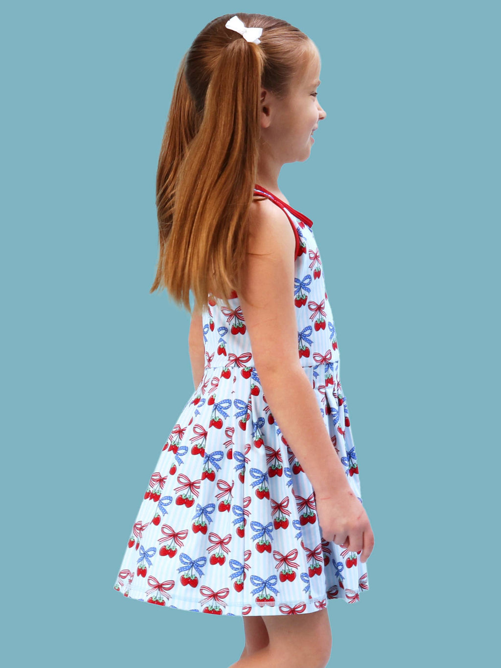Girls Berries & Bows Pleated Skirt Active Dress & Bike Short Set: Blue / 5