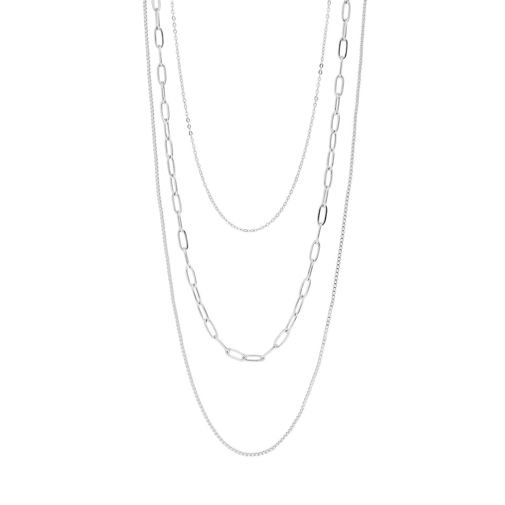 18K Gold PVD Stainless Steel Loop, Box, and Paperclip Layered Chain Necklace: Stainless