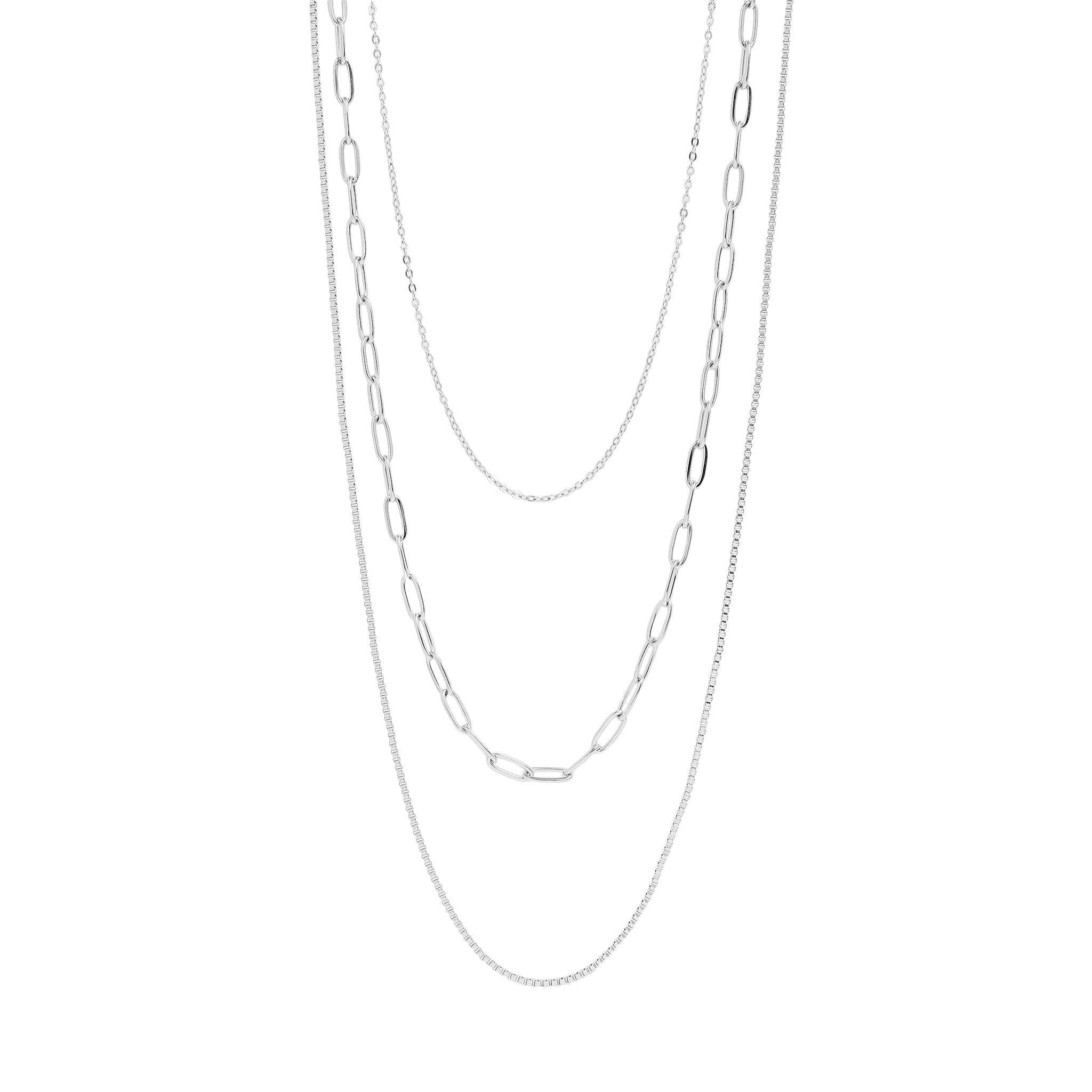 18K Gold PVD Stainless Steel Loop, Box, and Paperclip Layered Chain Necklace: Stainless