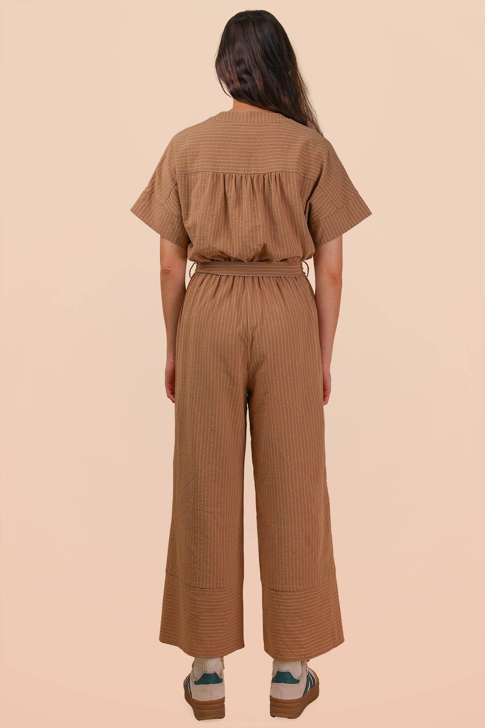 NP70732-Half Button Down Stripe Linen Woven Jumpsuit
