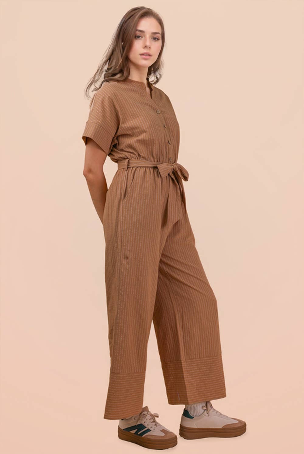 NP70732-Half Button Down Stripe Linen Woven Jumpsuit