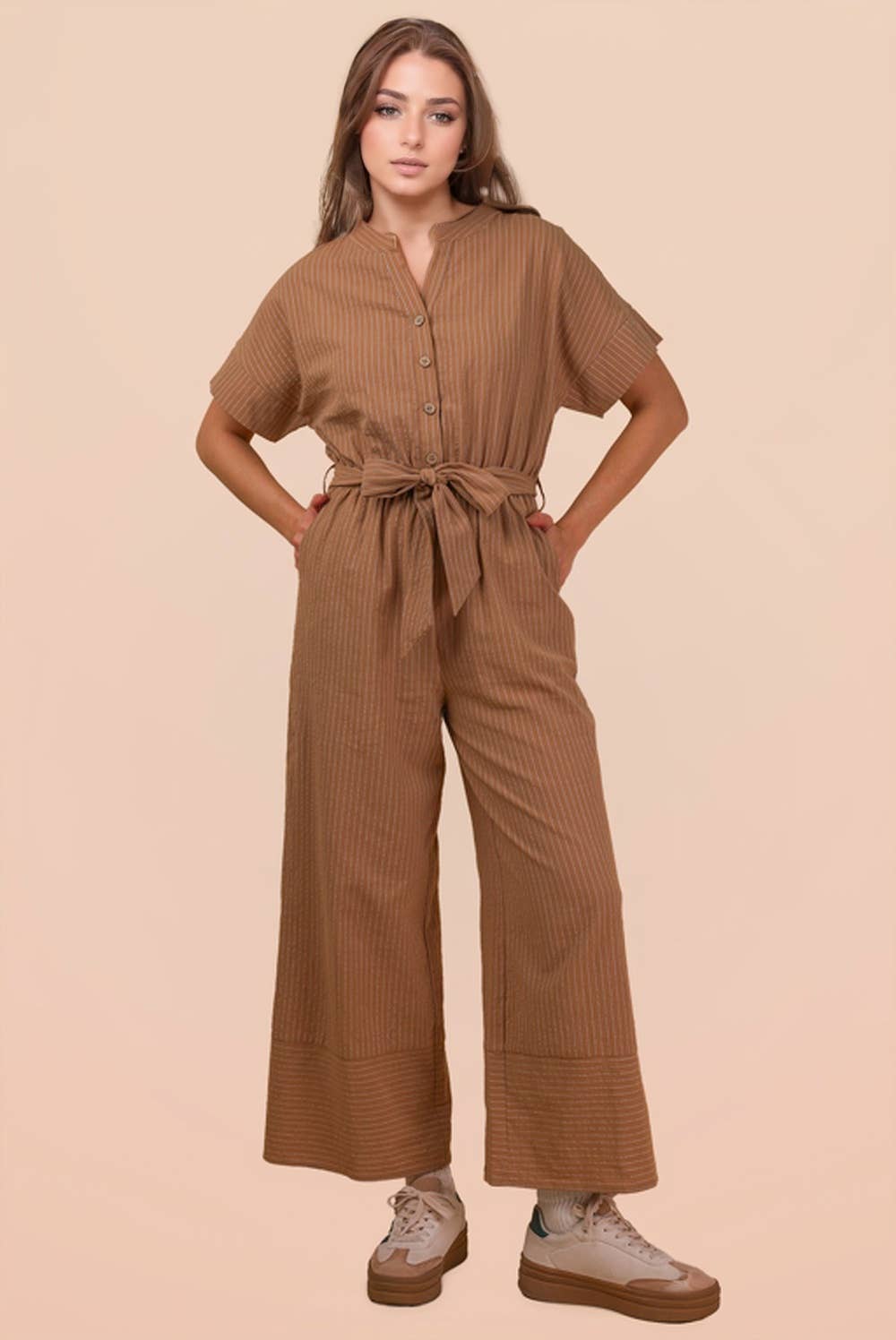 NP70732-Half Button Down Stripe Linen Woven Jumpsuit