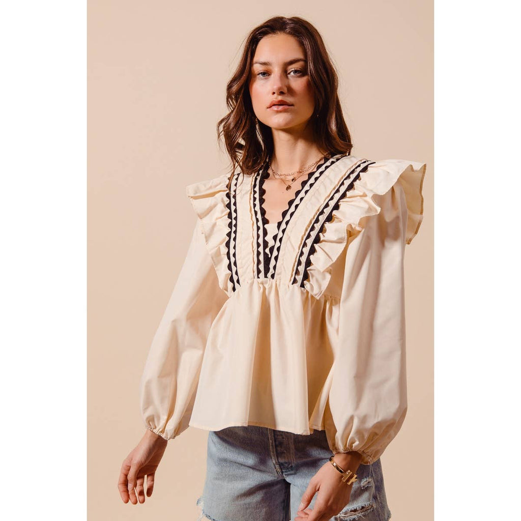 SOLID WOVEN LONG SLEEVE TOP WITH WAVE TRIM