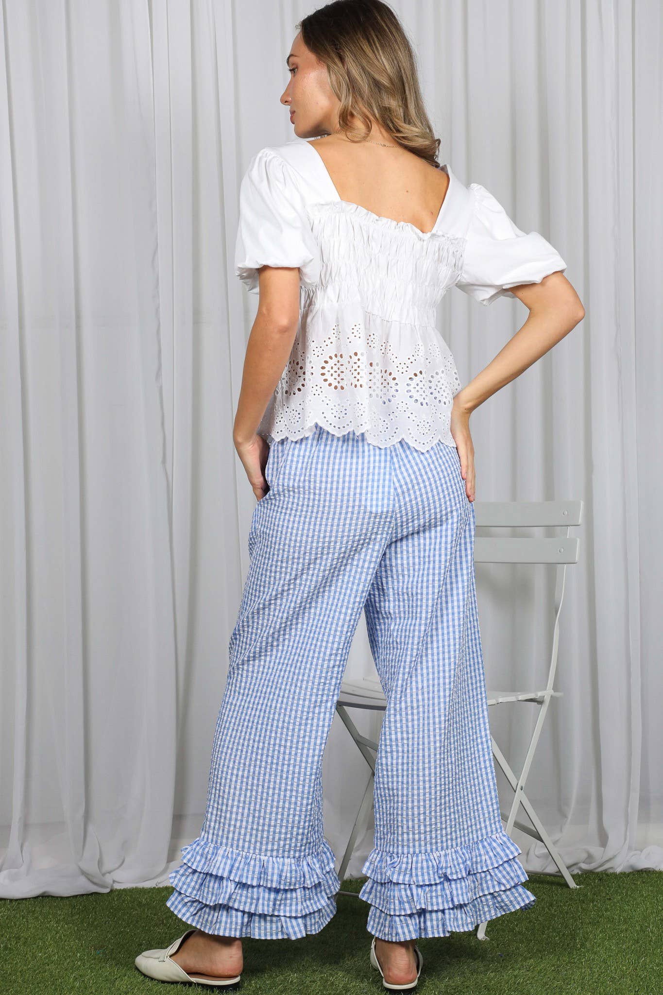 Gingham Layered Ruffle Hem Cropped Pants VP83333A