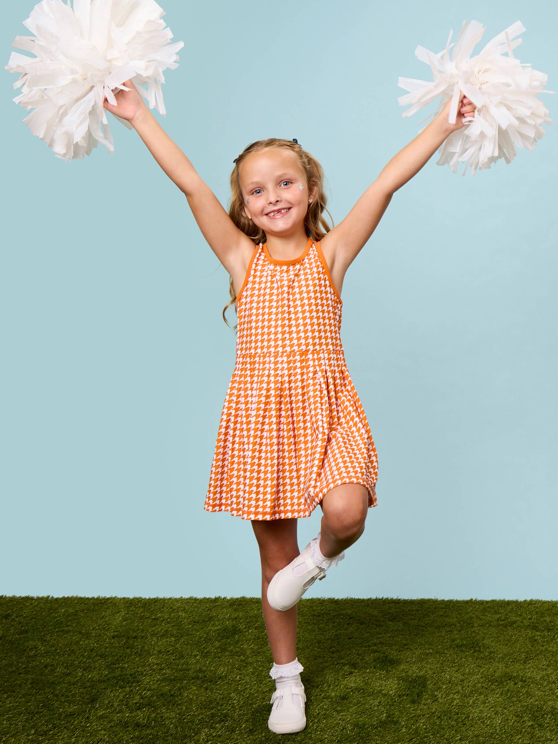 Girls Varsity Orange Houndstooth Pleated Skirt Active Dress & Bike Short Set