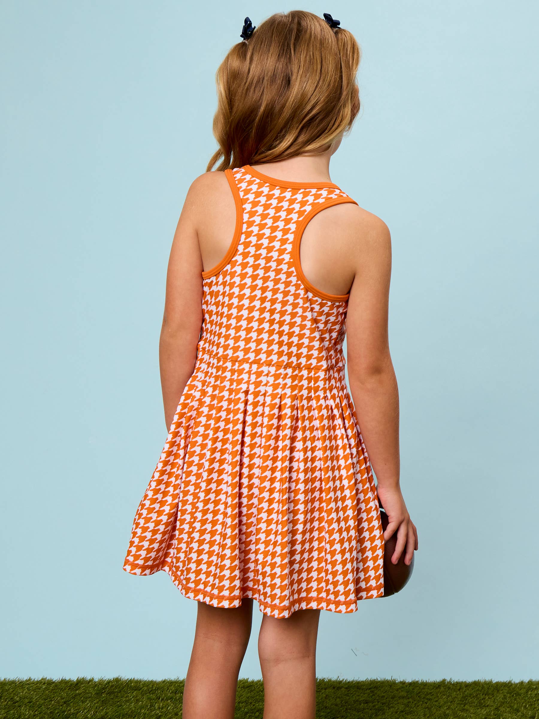 Girls Varsity Orange Houndstooth Pleated Skirt Active Dress & Bike Short Set