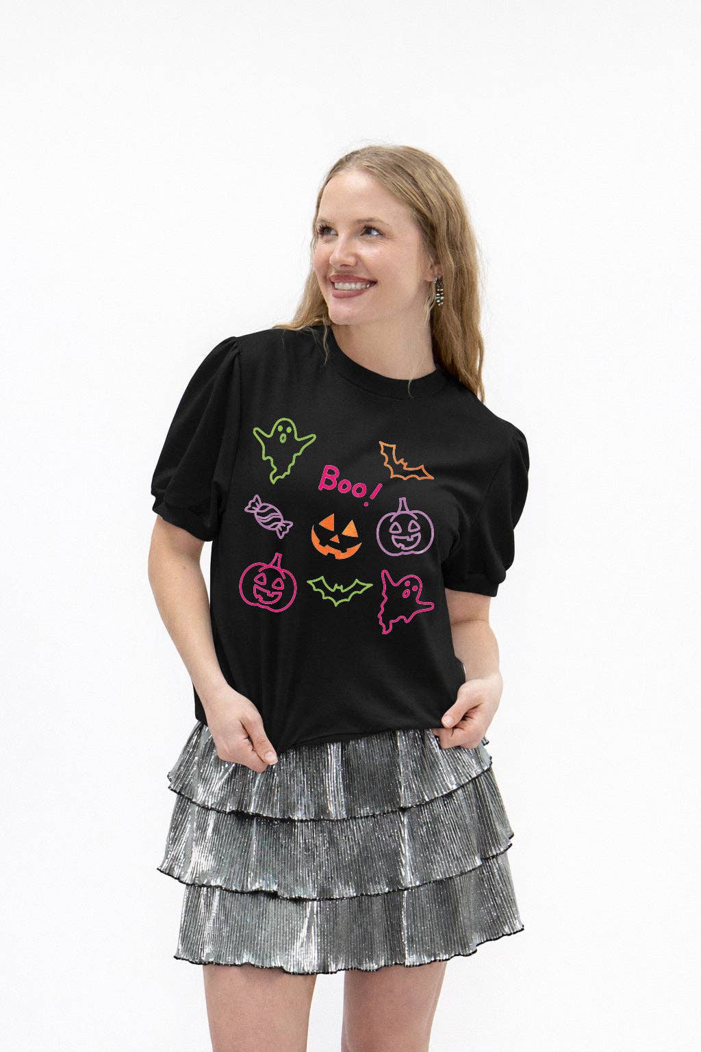 Neon Elements on Puff Sleeve Tee, Black