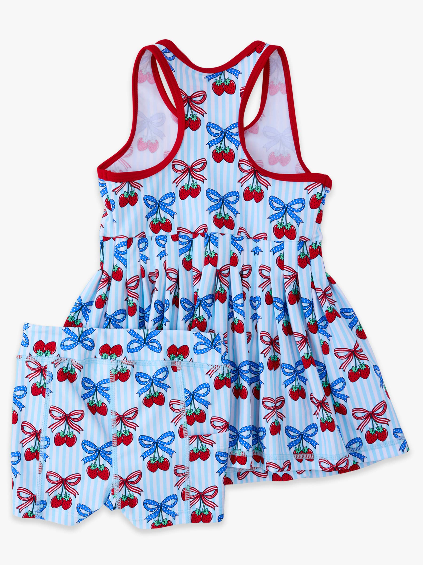 Girls Berries & Bows Pleated Skirt Active Dress & Bike Short Set: Blue / 5