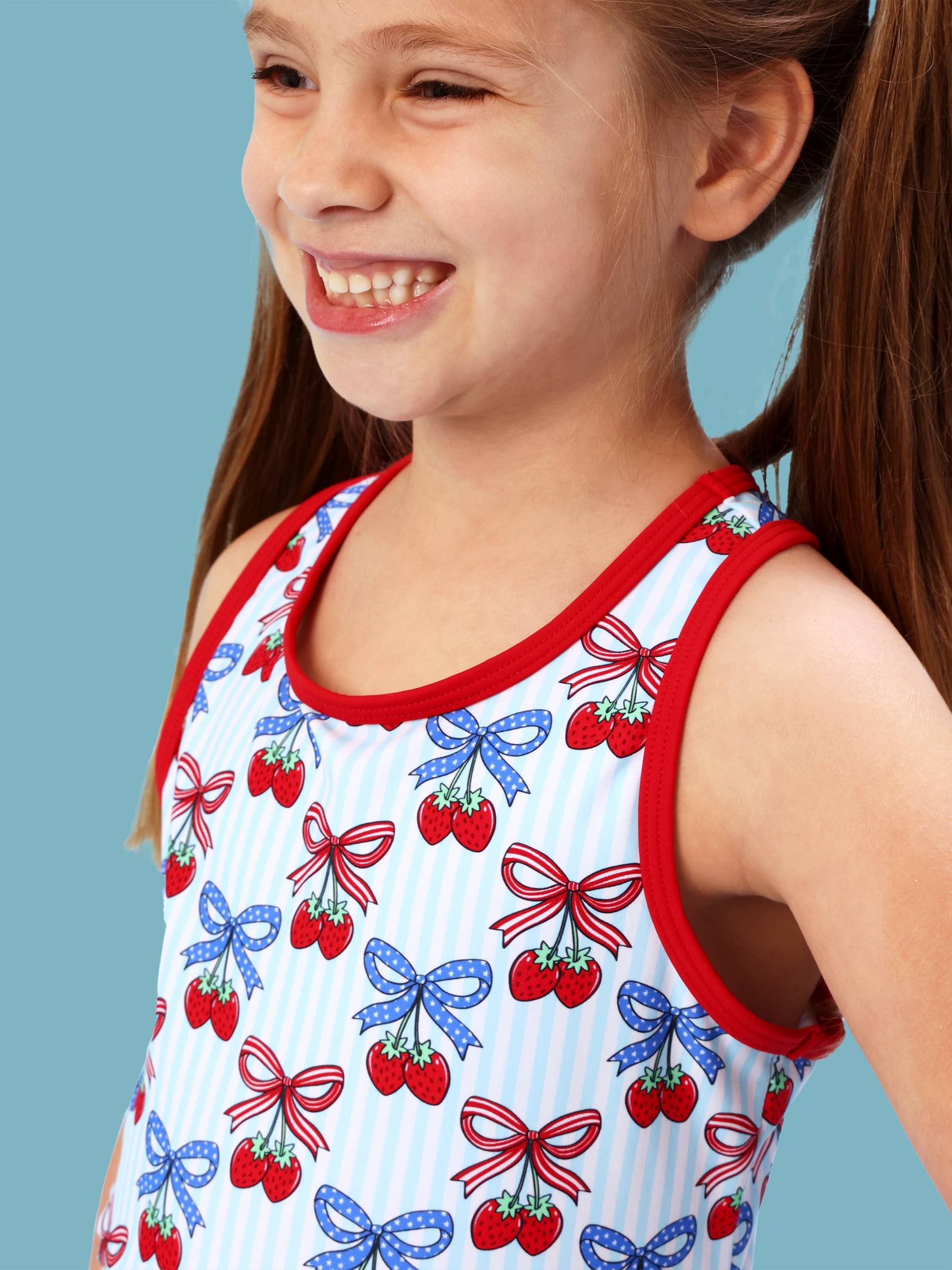 Girls Berries & Bows Pleated Skirt Active Dress & Bike Short Set: Blue / 5