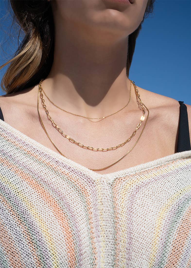 18K Gold PVD Stainless Steel Loop, Box, and Paperclip Layered Chain Necklace: Stainless