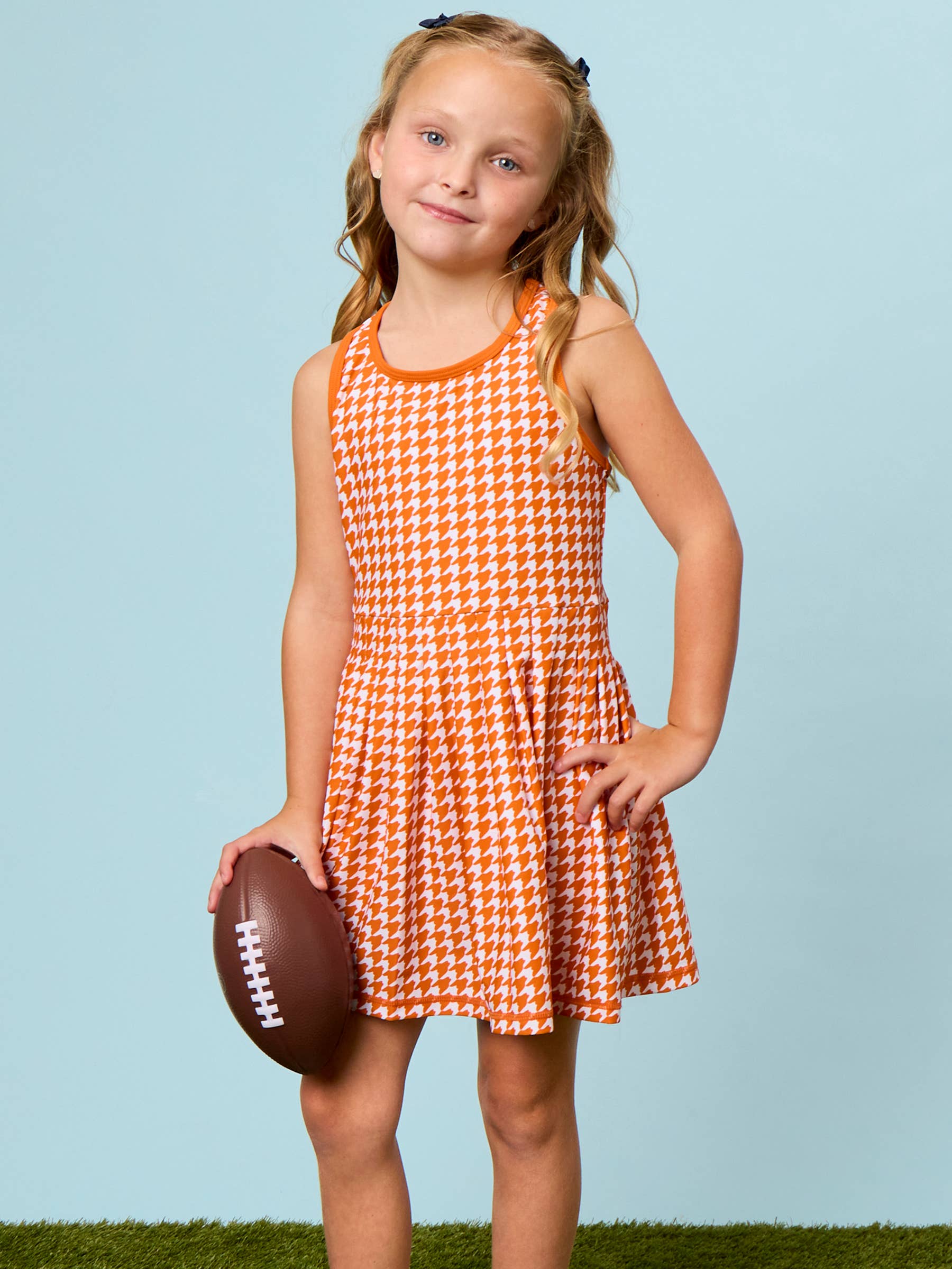 Girls Varsity Orange Houndstooth Pleated Skirt Active Dress & Bike Short Set