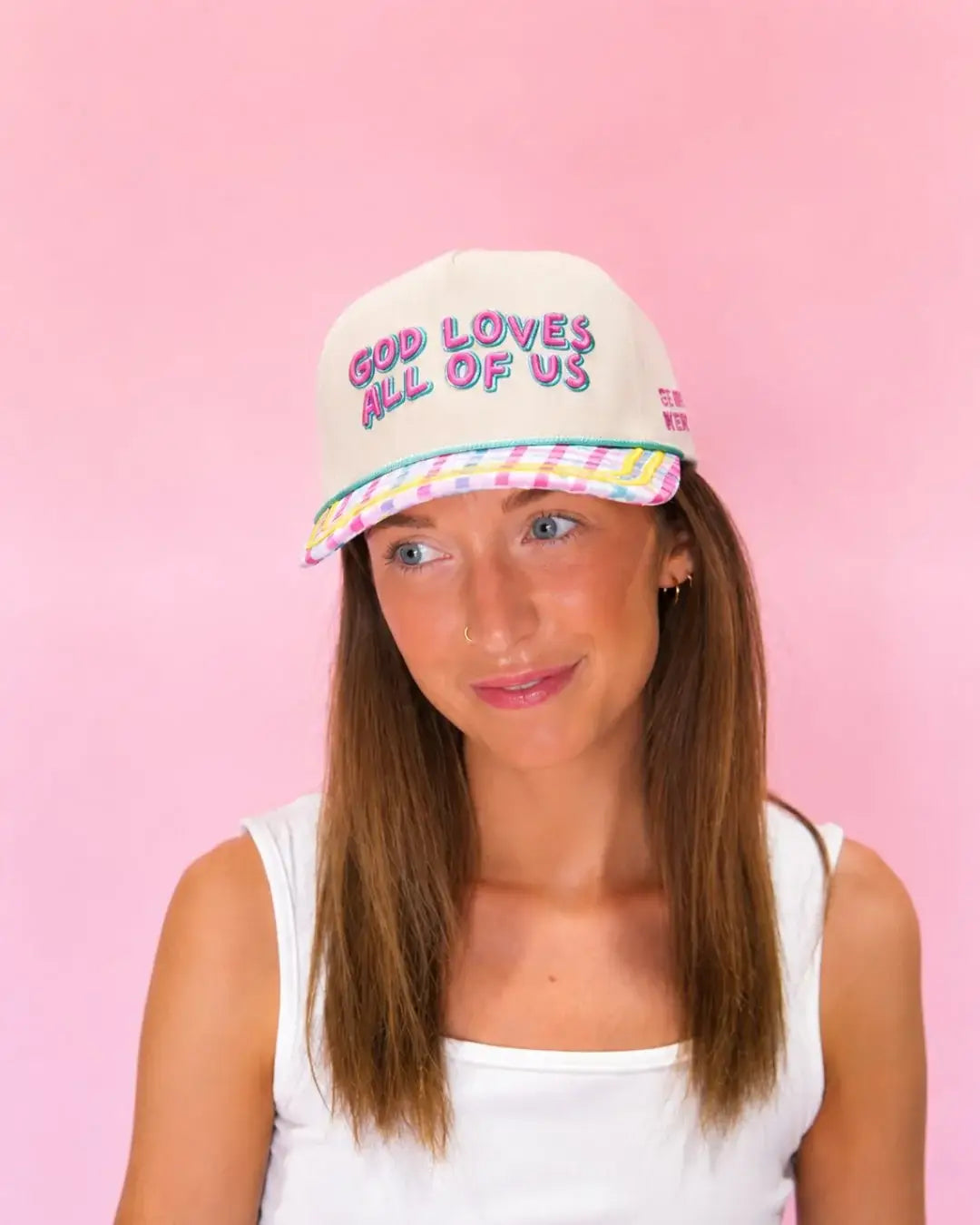 "God Loves all of us"on Tan Cap with Patch Work
