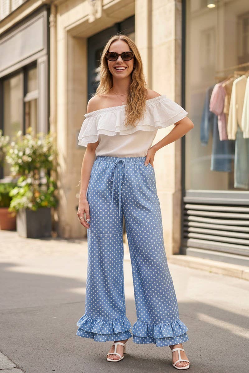 Polka Dot Casual Ruffle Hem Cropped Pants VP83379