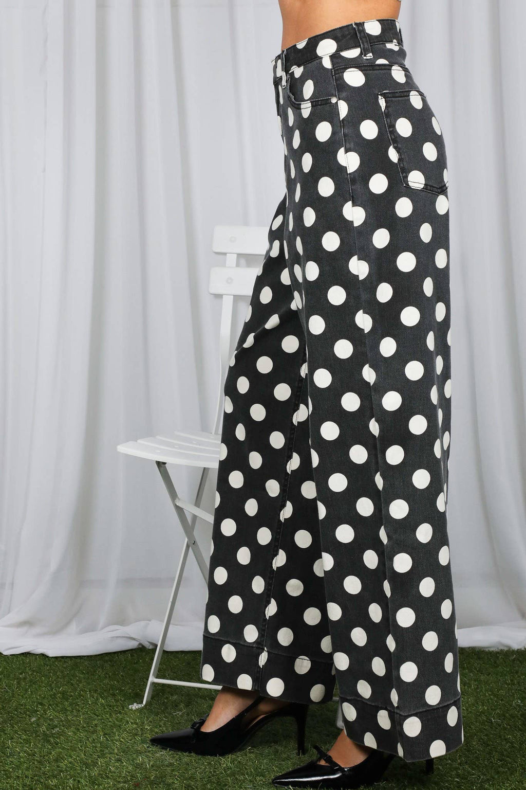 Polka Dot Straight Leg Cotton Denim Span Pants VP83369B