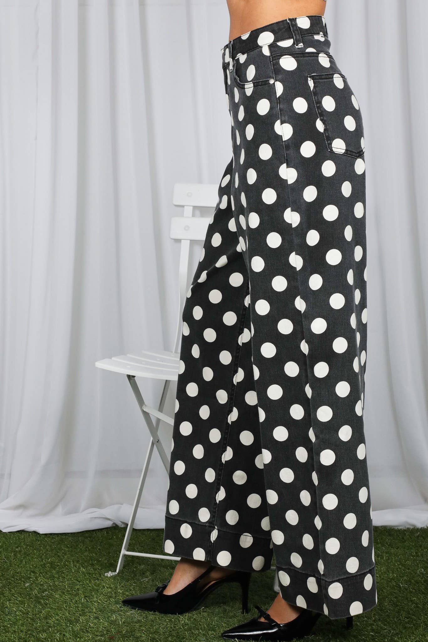 Polka Dot Straight Leg Cotton Denim Span Pants VP83369B