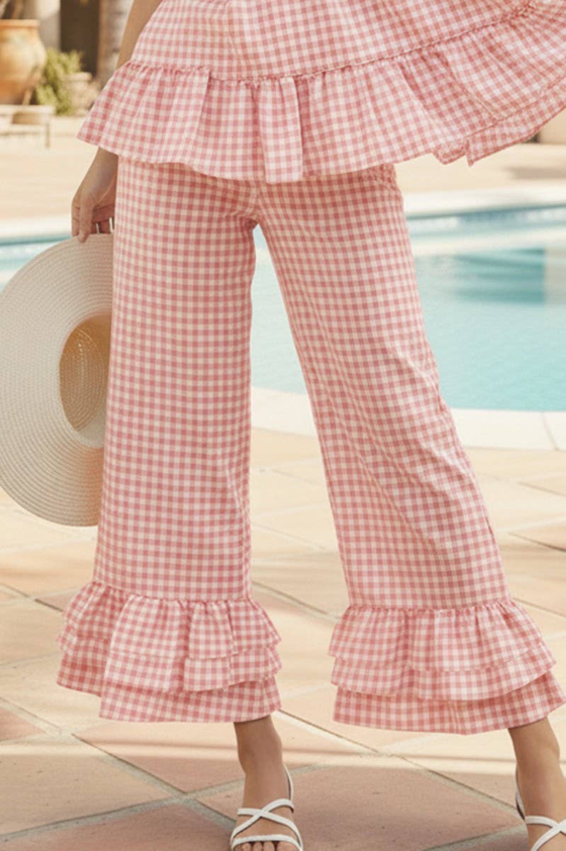 Gingham Layered Ruffle Hem Cropped Pants VP83333A