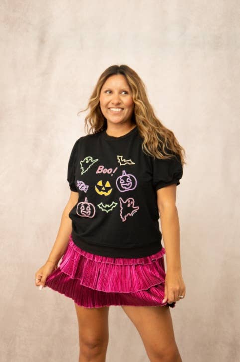 Neon Elements on Puff Sleeve Tee, Black