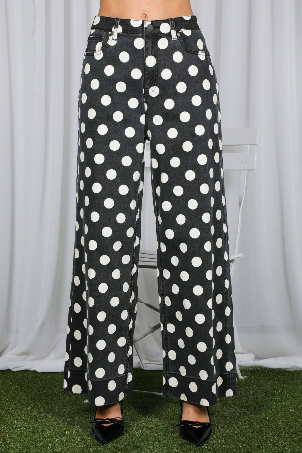 Polka Dot Straight Leg Cotton Denim Span Pants VP83369B